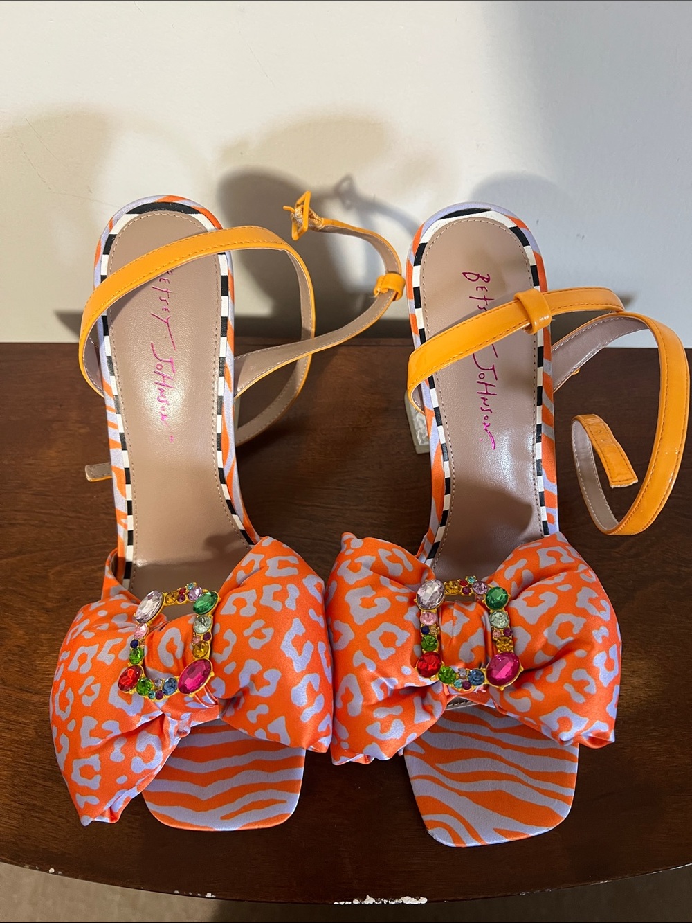 Betsey Johnson Orange Patterned Bow Jewel Ankle-Strap Heels